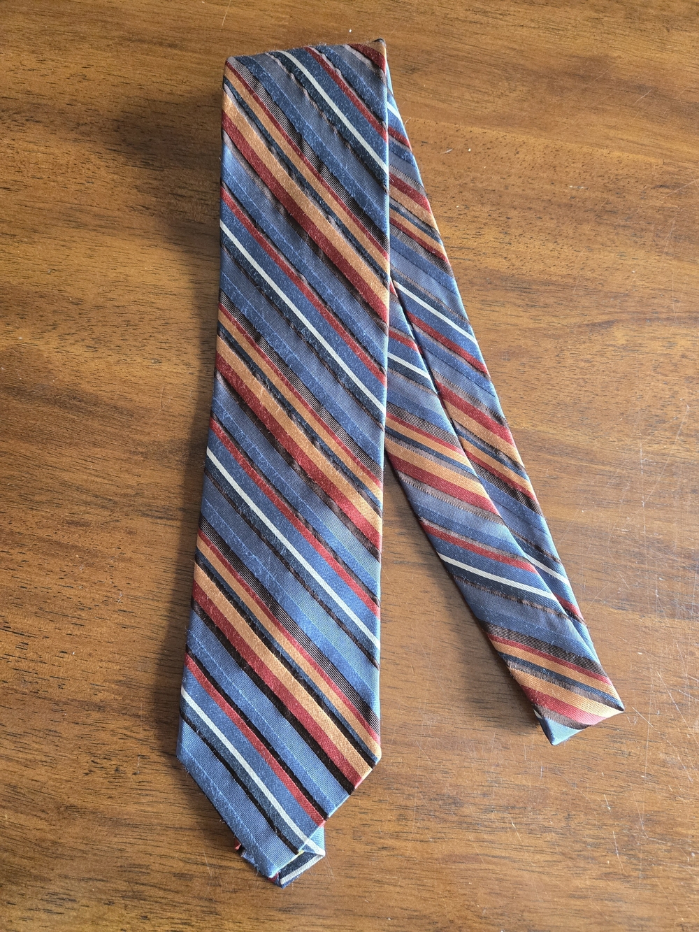 Joseph Abboud Blue Striped Silk Tie with Brown, Red, and Gold Stripes